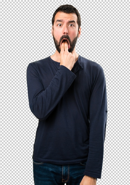 Hombre guapo con barba haciendo gesto de vomitar