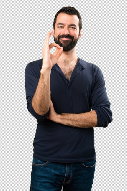 PSD hombre guapo con barba haciendo señal ok