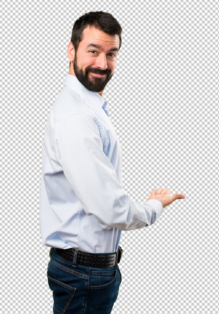 PSD hombre guapo con barba presentando algo