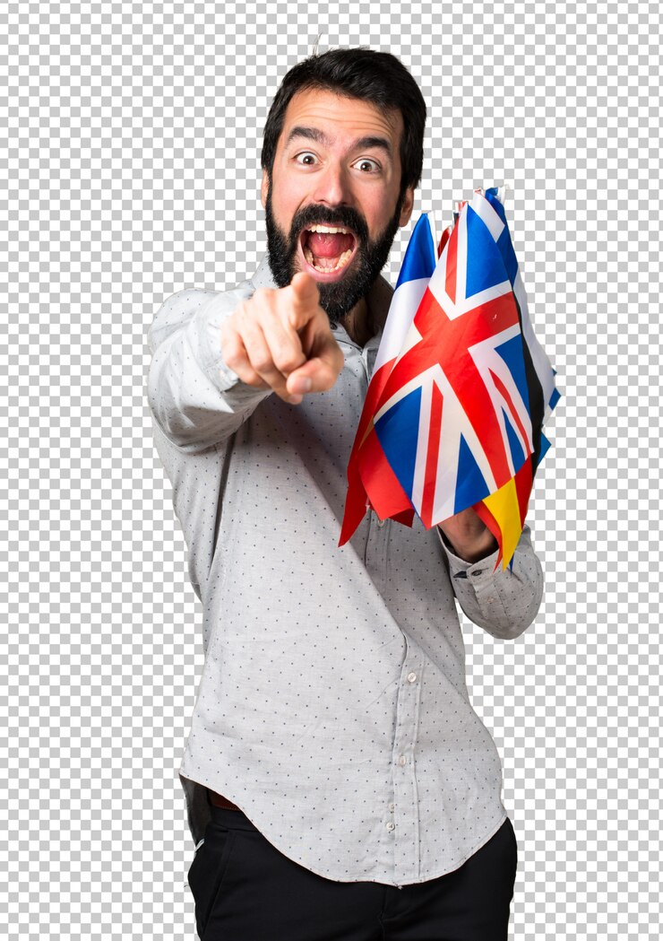 PSD hombre guapo con barba sosteniendo muchas banderas y apuntando al frente