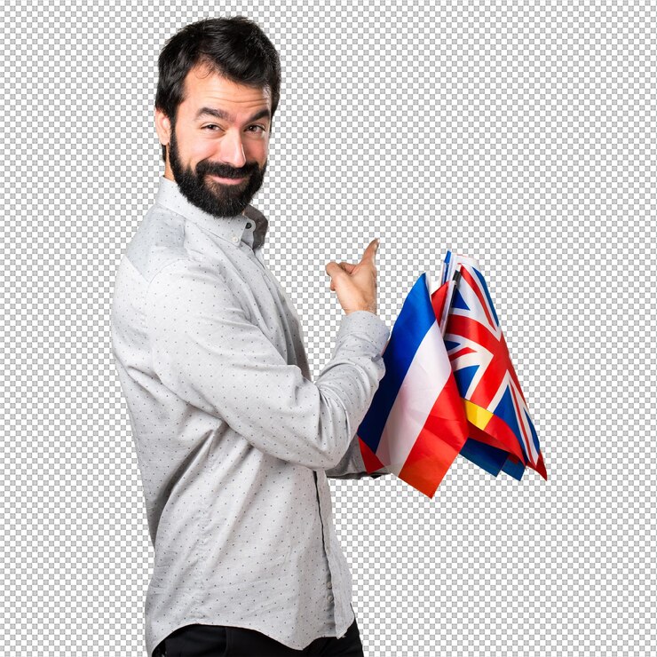 PSD hombre guapo con barba sosteniendo muchas banderas y apuntando hacia atrás