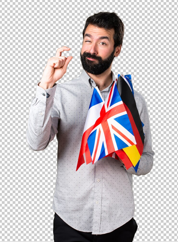 PSD hombre guapo con barba sosteniendo muchas banderas y haciendo pequeña señal