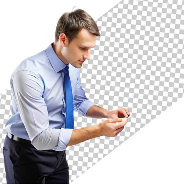 Hombre guapo con barba tocando en pantalla transparente