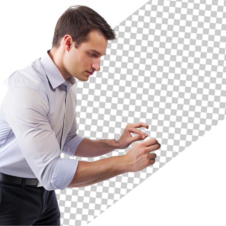 PSD hombre guapo con barba tocando una pantalla transparente