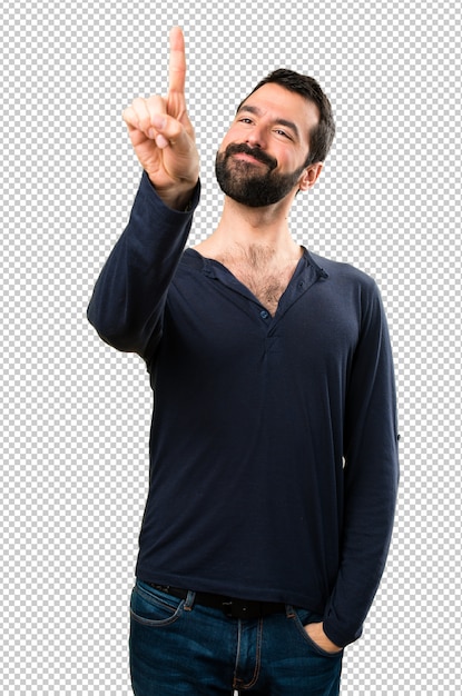 PSD hombre guapo con barba tocando en pantalla transparente