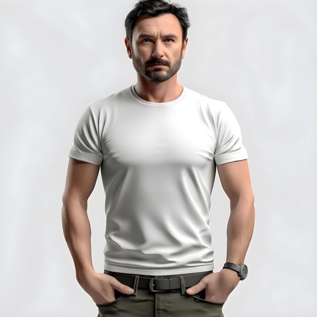 PSD hombre guapo con una camiseta blanca en blanco sobre un fondo gris