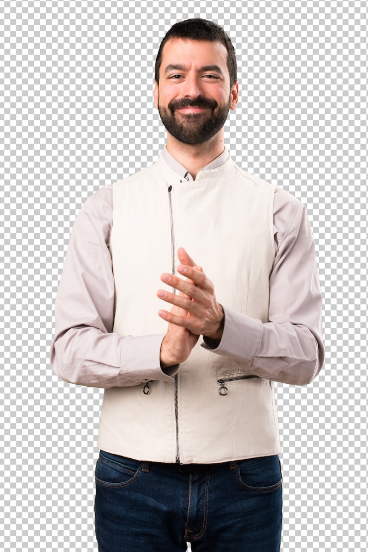 PSD hombre guapo con chaleco aplaudiendo
