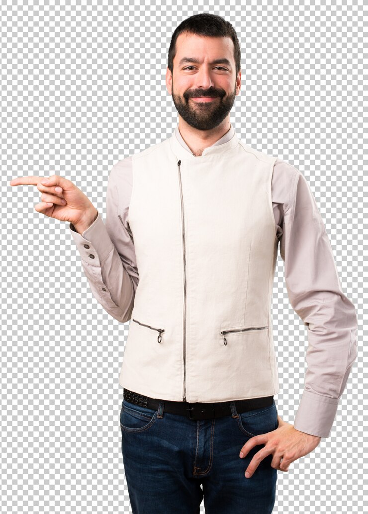 PSD hombre guapo con chaleco apuntando al lateral.