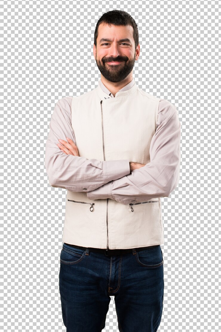 PSD hombre guapo con chaleco con los brazos cruzados
