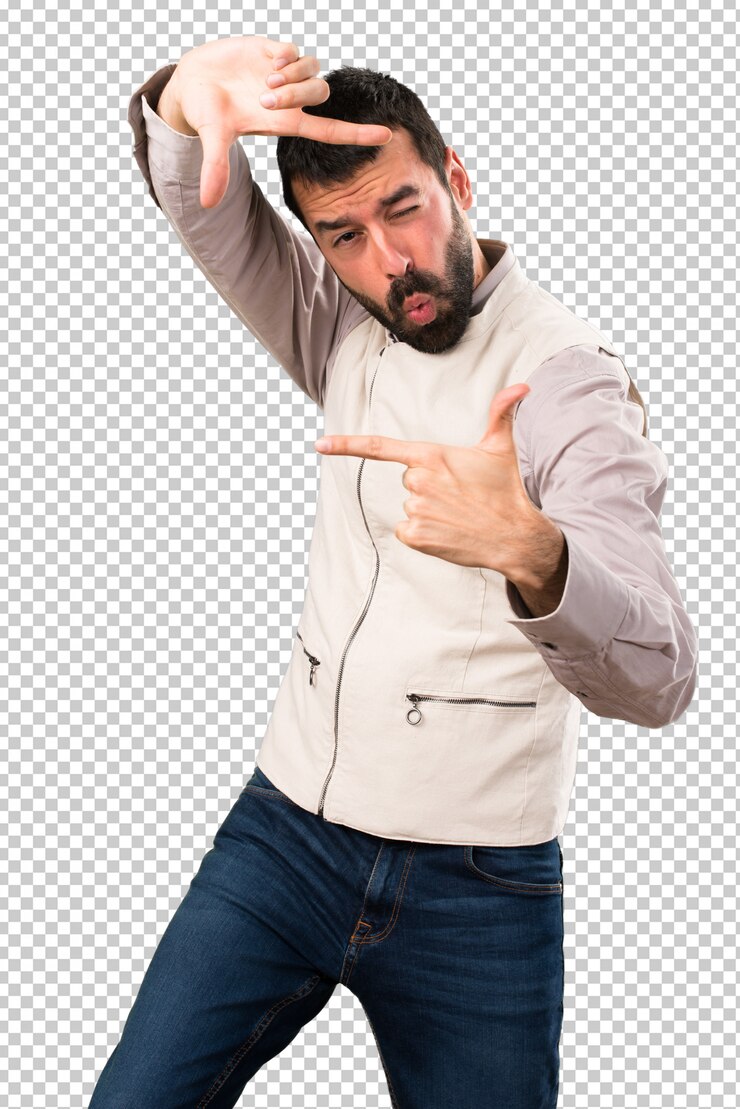PSD hombre guapo con chaleco enfocando con sus dedos