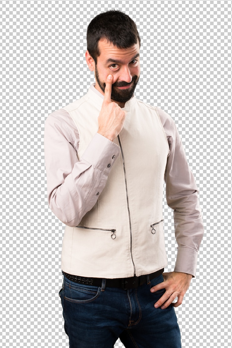 PSD hombre guapo con chaleco mostrando algo
