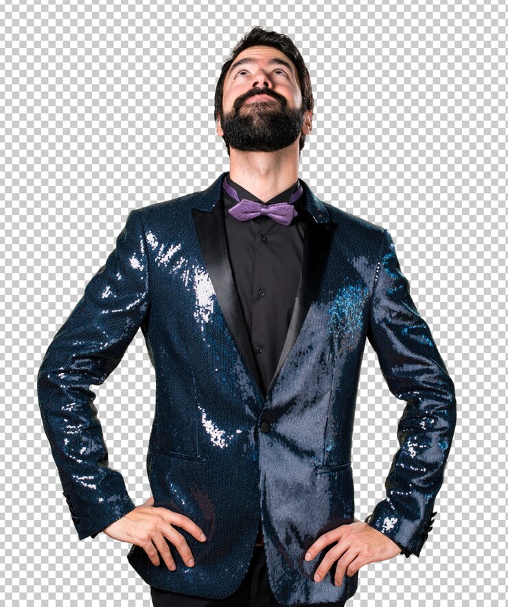 PSD hombre guapo con chaqueta de lentejuelas mirando hacia arriba