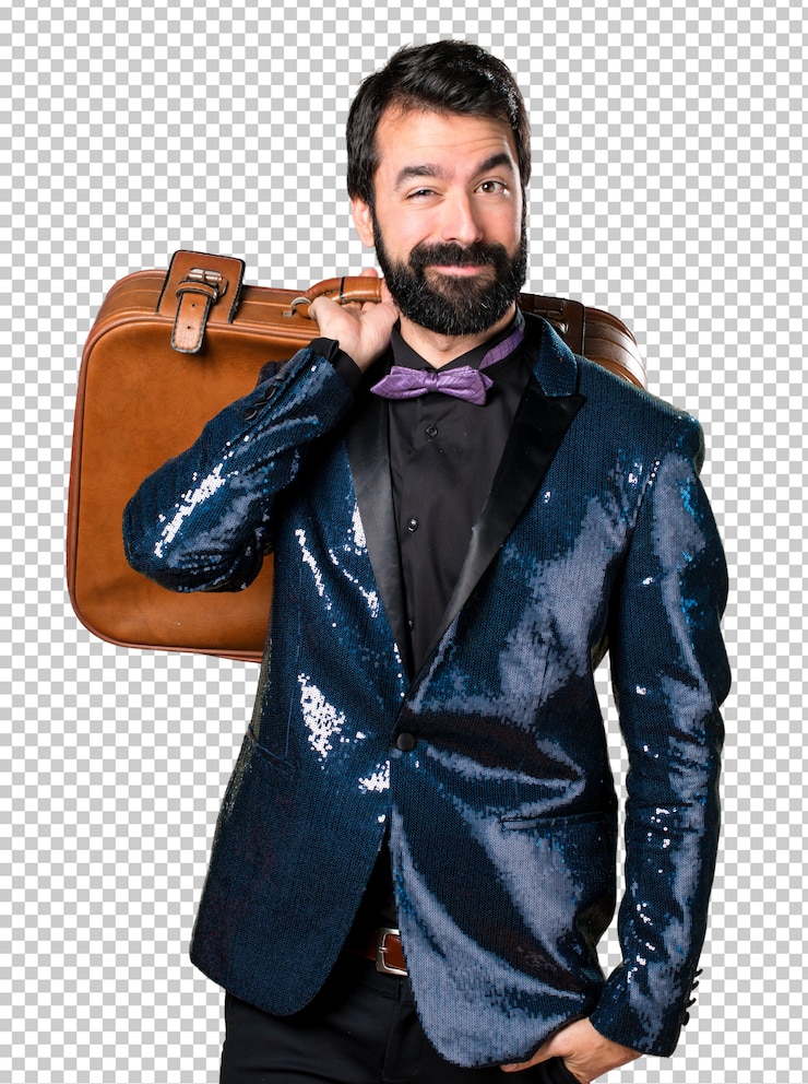 PSD hombre guapo con chaqueta de lentejuelas sosteniendo un maletín vintage