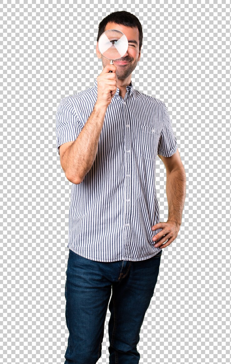 PSD hombre guapo feliz con lupa