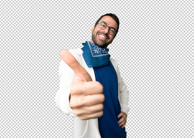 PSD hombre guapo con gafas dando un pulgar hacia arriba gesto porque algo bueno ha sucedido