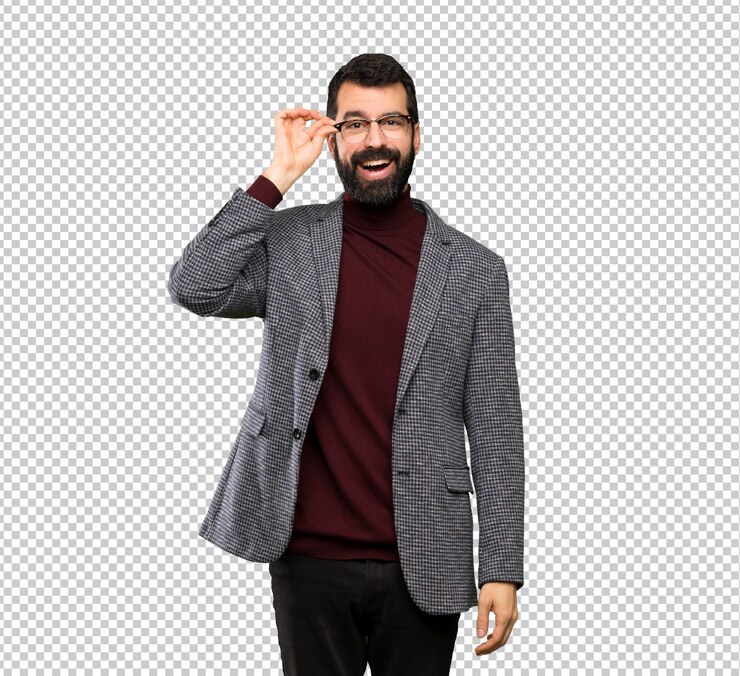 PSD hombre guapo con gafas con gafas y sorprendido