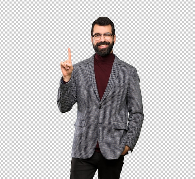 Hombre guapo con gafas mostrando y levantando un dedo en señal de lo mejor