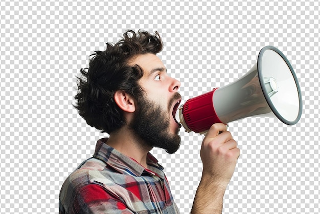 Hombre guapo gritando por megáfono en un fondo blanco aislado