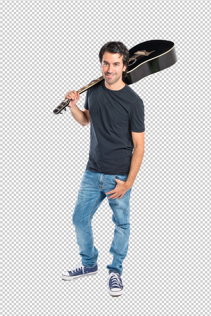 PSD hombre guapo con guitarra sobre fondo blanco