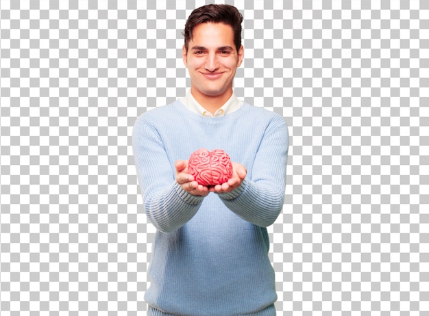 PSD hombre guapo joven con un modelo de cerebro.