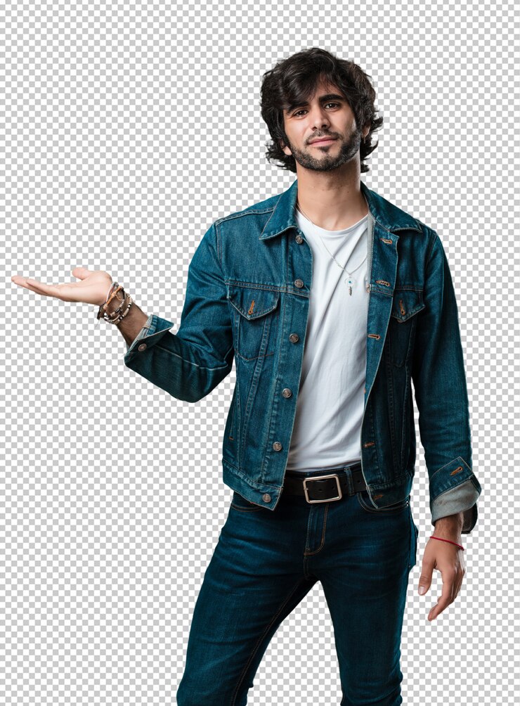 PSD hombre guapo joven sosteniendo algo con las manos, mostrando un producto, sonriente y alegre, ofreciendo un objeto imaginario
