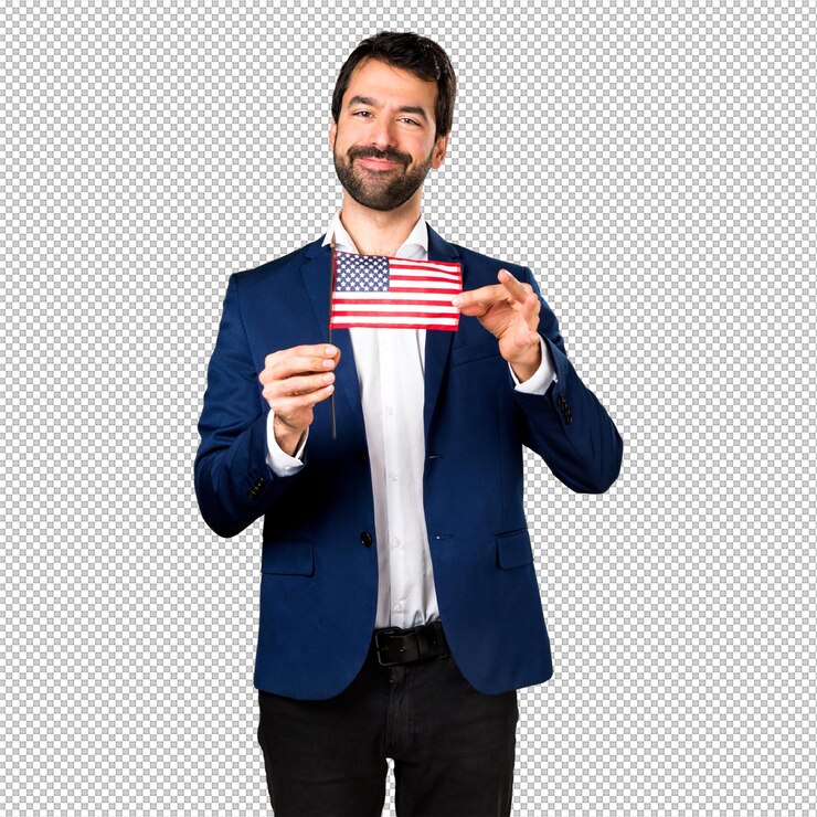 PSD hombre guapo sosteniendo una bandera americana