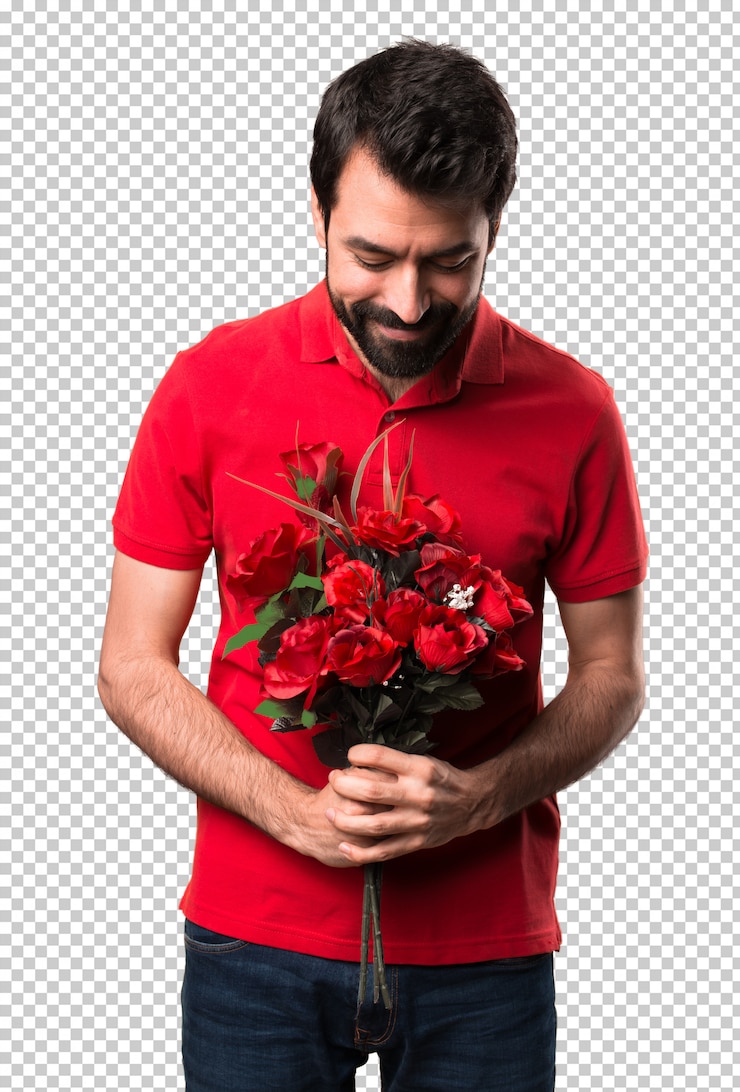PSD hombre guapo sosteniendo flores mirando hacia abajo