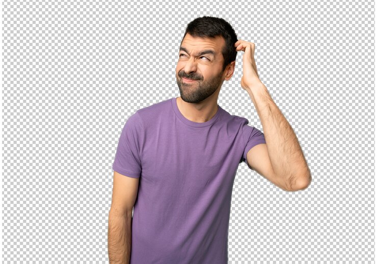 PSD hombre guapo teniendo dudas mientras se rasca la cabeza