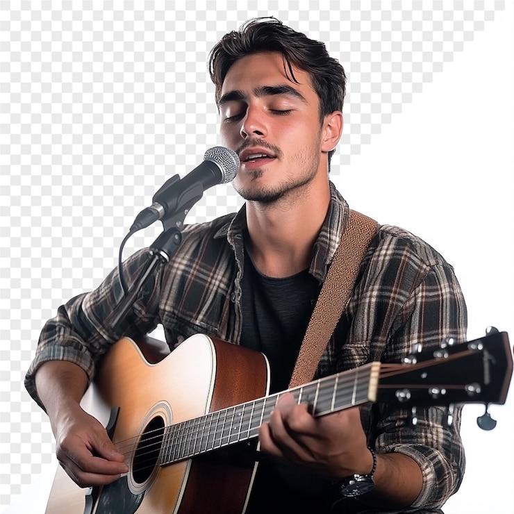 PSD un hombre con una guitarra en la mano está cantando en un micrófono