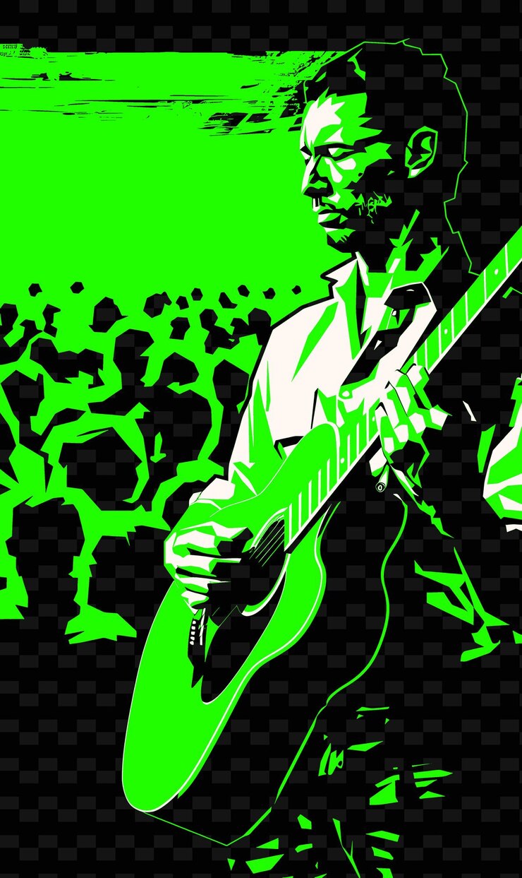 PSD hombre con una guitarra con una multitud de conciertos detrás de él poster png poster background designs psd