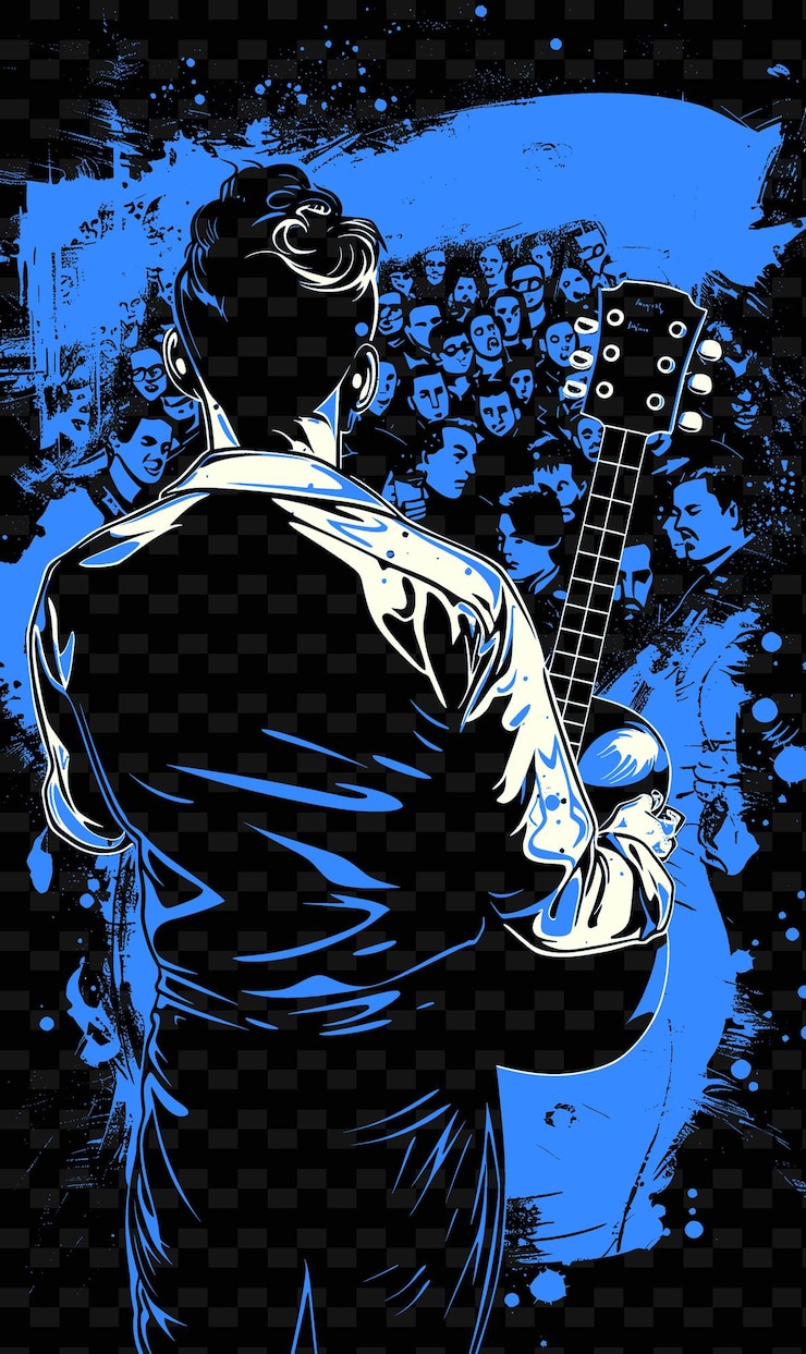 PSD hombre con una guitarra con una multitud de conciertos detrás de él poster png poster background designs psd