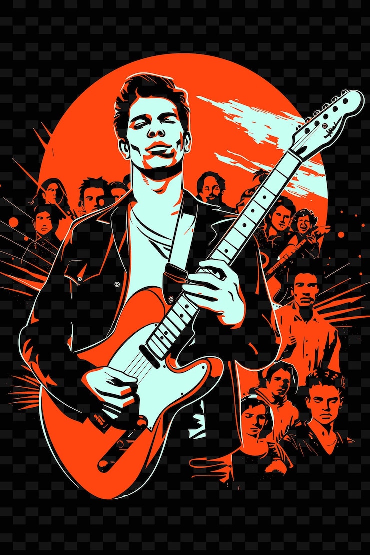 PSD hombre con una guitarra con una multitud de conciertos detrás de él poster png poster background designs psd
