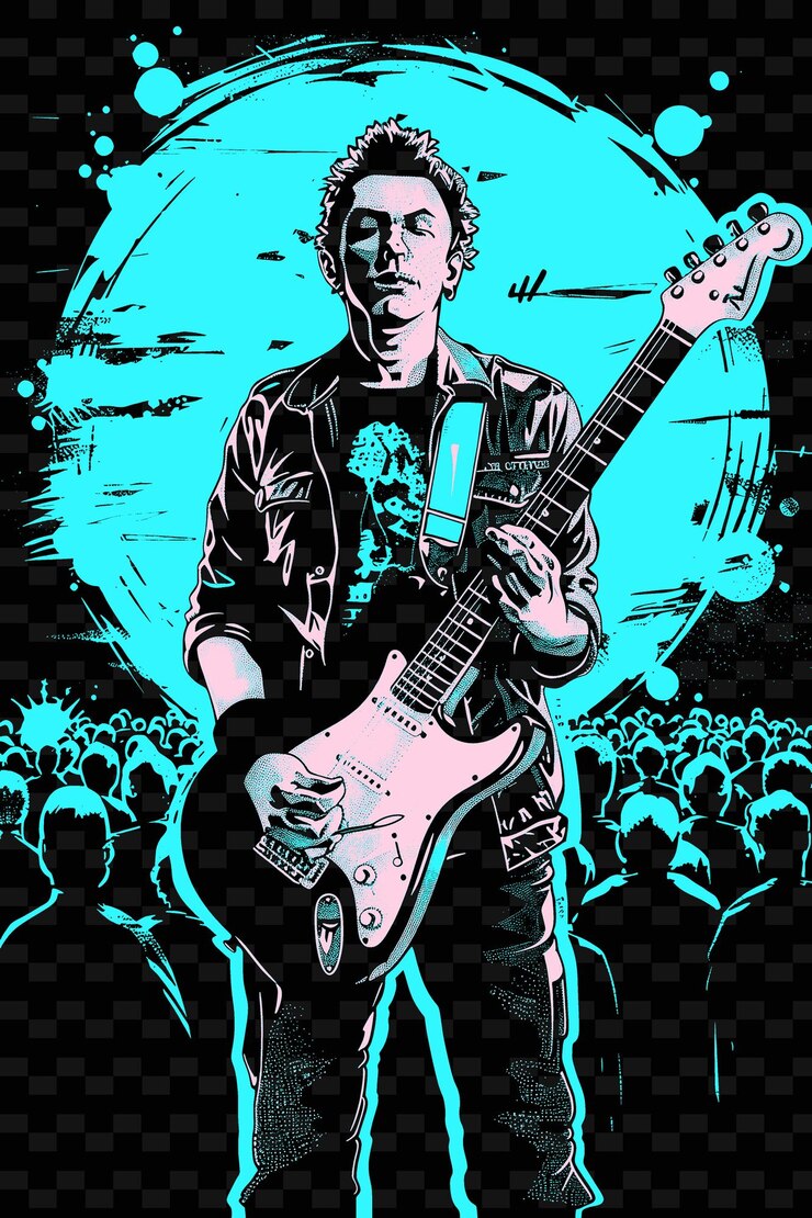 PSD hombre con una guitarra con una multitud de conciertos detrás de él poster png poster background designs psd