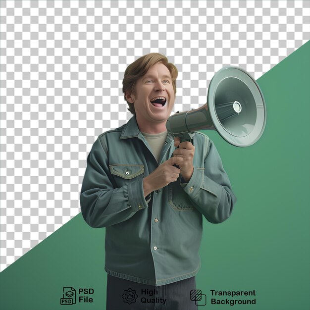 Un hombre está haciendo un anuncio en un altavoz aislado en un fondo transparente incluye archivo png