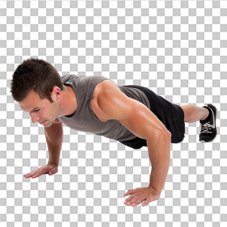 PSD hombre haciendo flexiones aislado en un fondo transparente