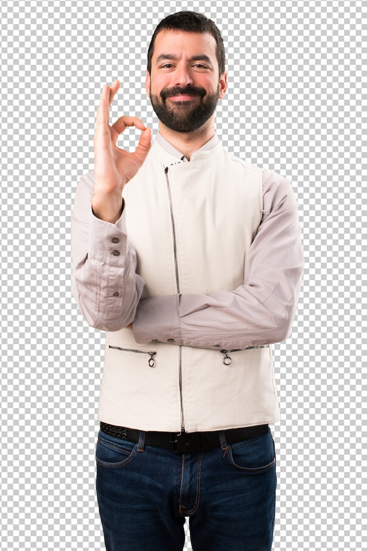 PSD hombre hermoso con el chaleco que hace la muestra aceptable