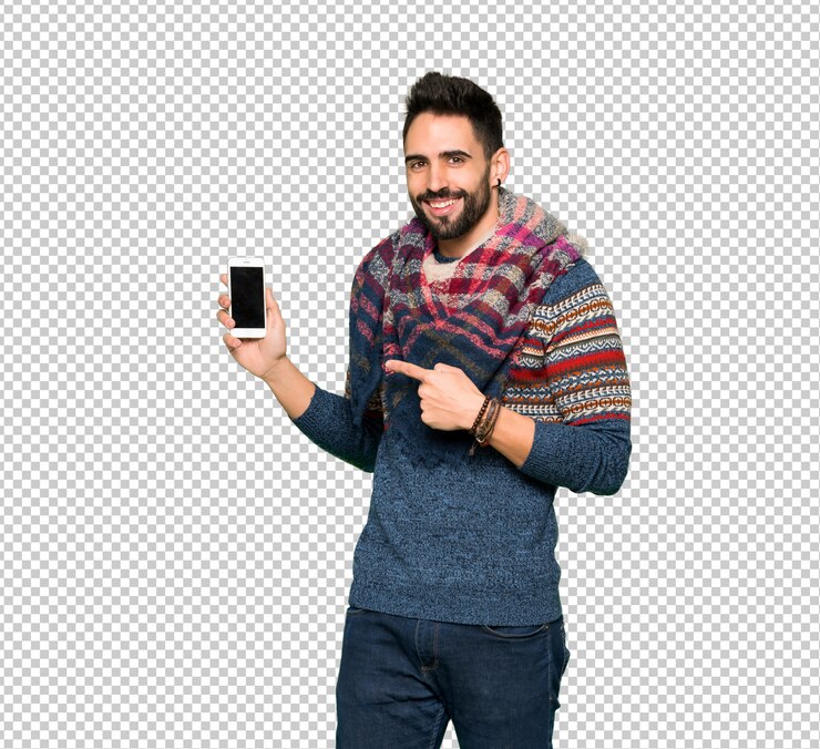 PSD hombre hippie feliz y apuntando al móvil.
