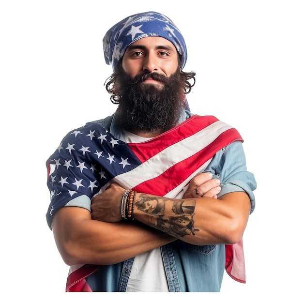 Un hombre hipster patriota con una bandera de los estados unidos.