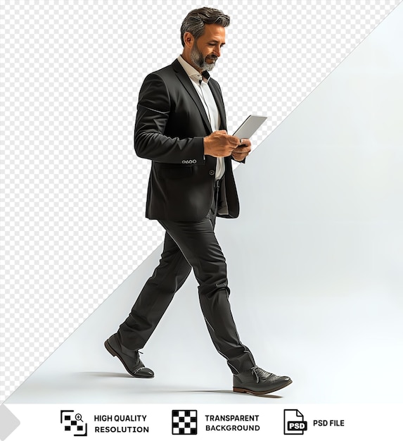 PSD hombre impresionante en traje negro caminando y sosteniendo una tableta en las manos png psd