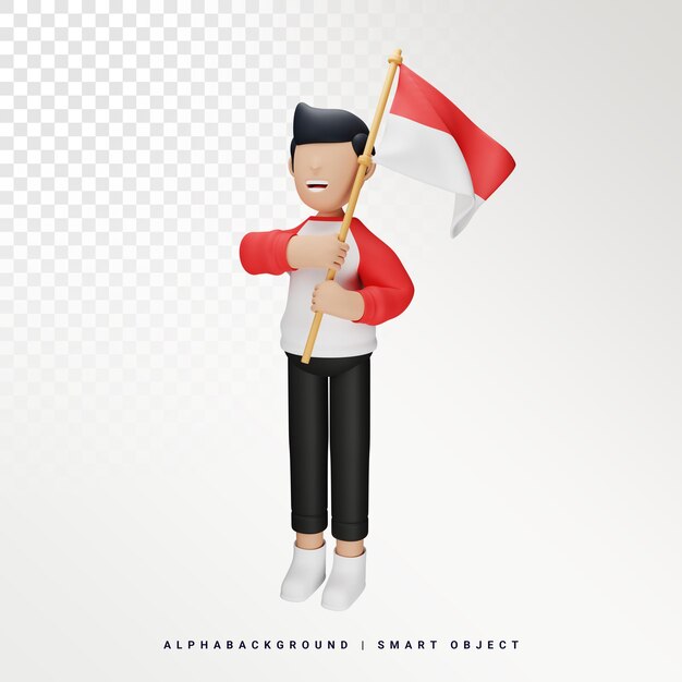 Hombre indonesio que sostiene la ilustración 3d de la bandera indonesia