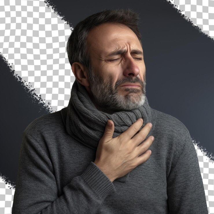 PSD un hombre infeliz de mediana edad sosteniendo su garganta debido a un dolor de garganta representado en un fondo transparente