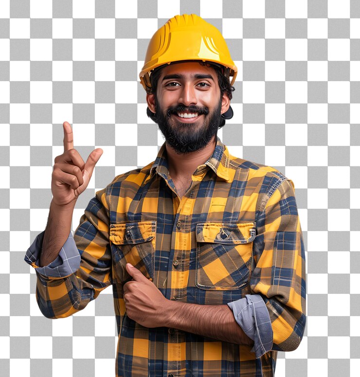 PSD hombre ingeniero trabajador guapo con uniforme y casco y dedo hacia el lado sobre un fondo transparente