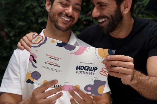 Hombre con invitación de fiesta de cumpleaños de maqueta