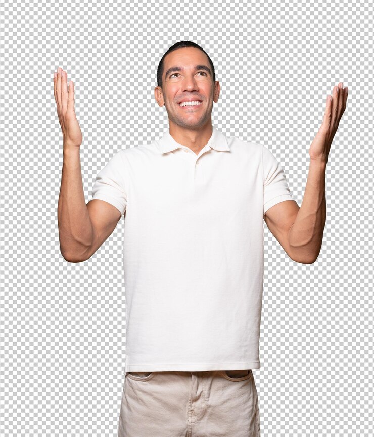 PSD hombre joven asombrado mirando hacia arriba