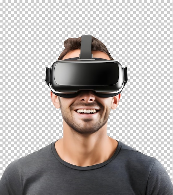 Hombre joven con auriculares de realidad virtual aislado en un fondo transparente