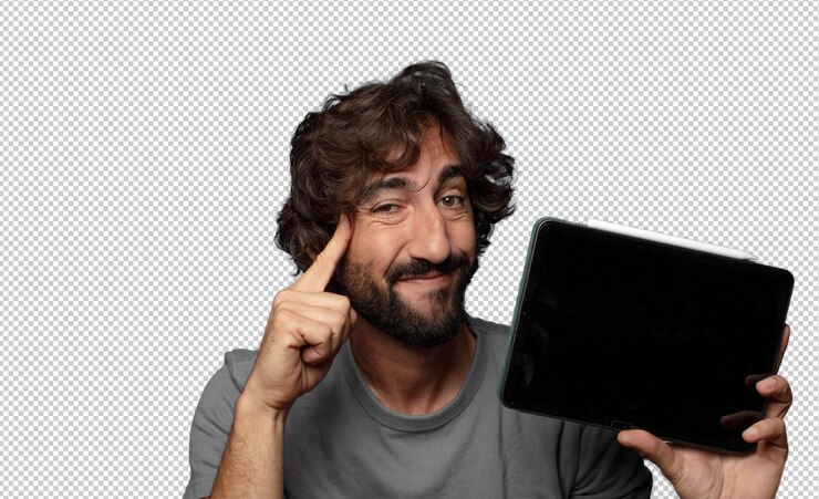 PSD hombre joven barbudo sujetando una pantalla táctil