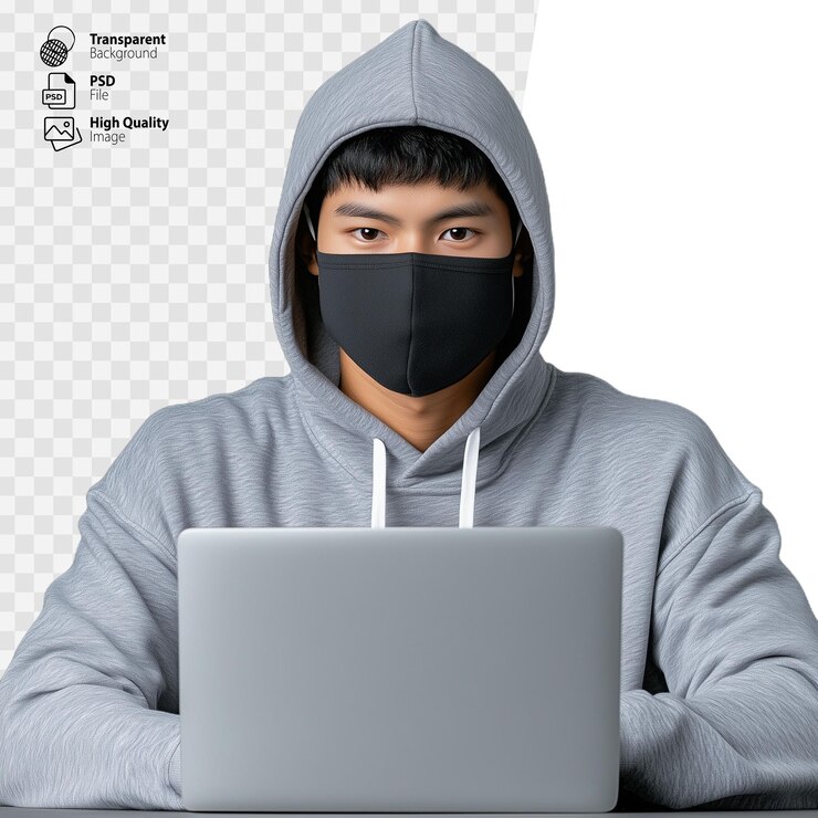 PSD hombre joven con capucha y máscara facial trabajando en una computadora portátil aislada sobre un fondo transparente