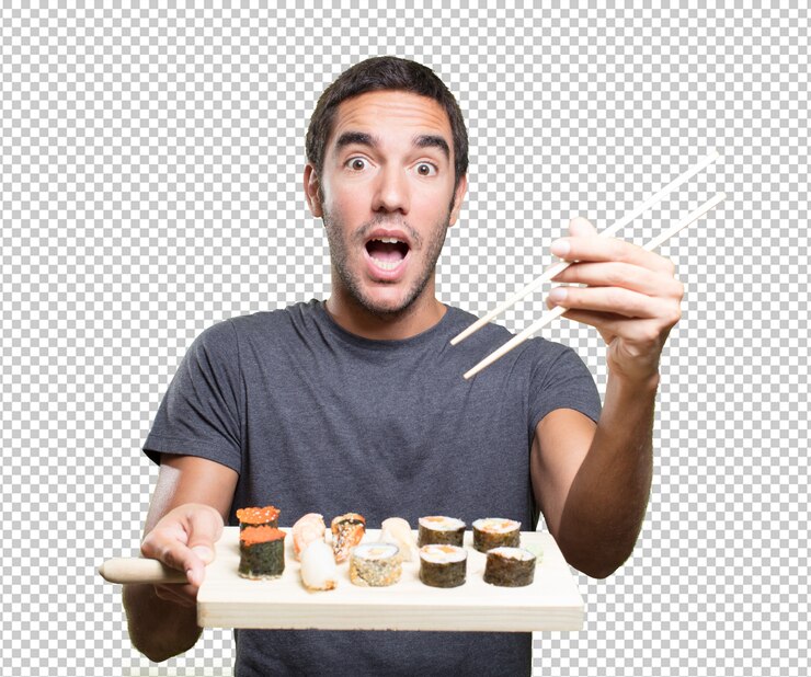 PSD hombre joven comiendo sushi