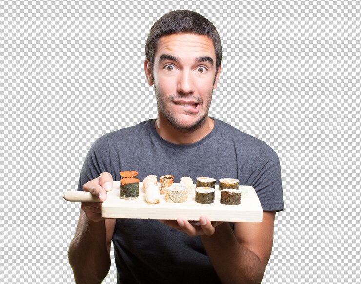PSD hombre joven comiendo sushi