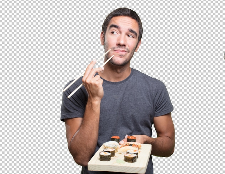 PSD hombre joven comiendo sushi